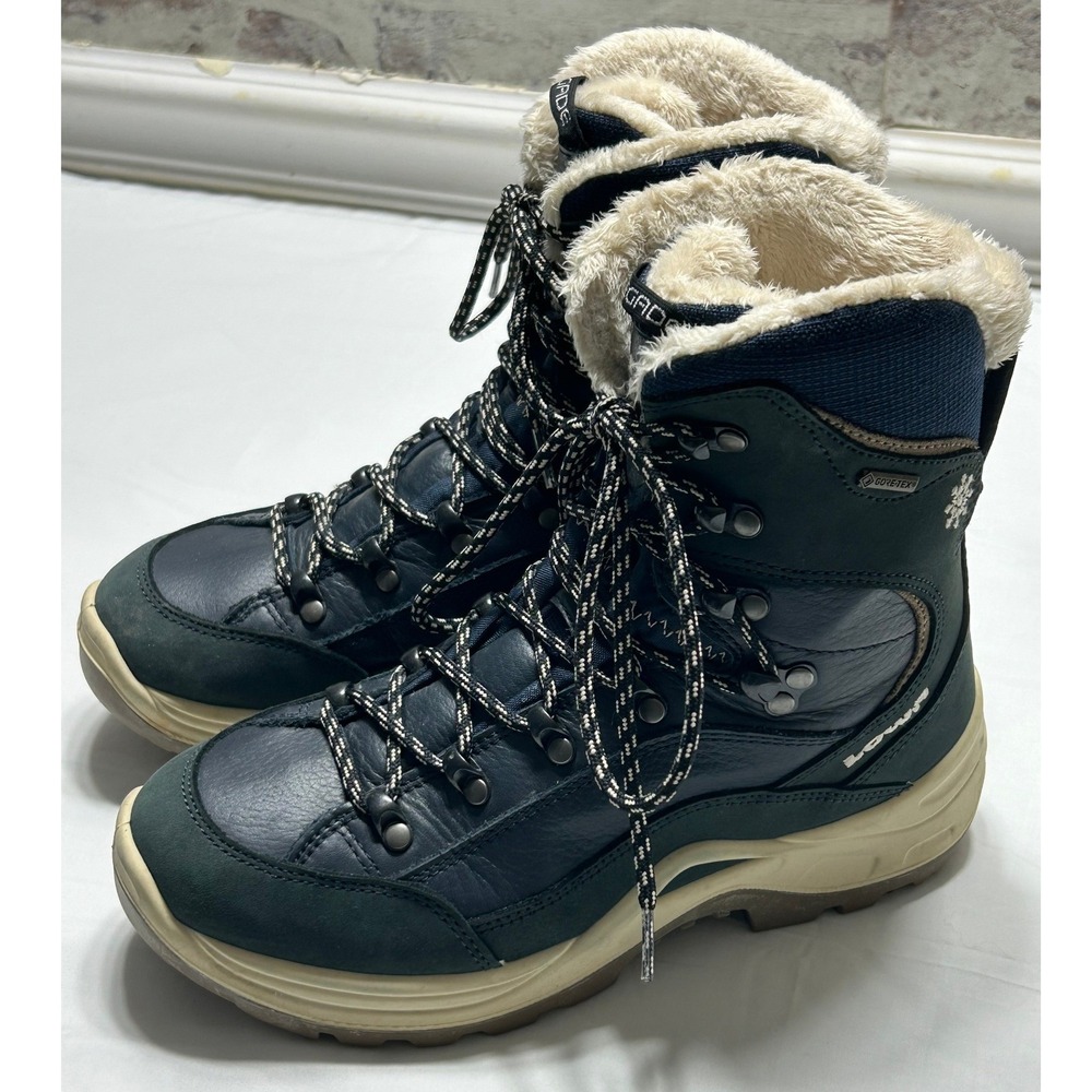 Lowa Renegade Ice GTX GORE-TEX Boots Womens 6 Navy Waterproof Faux Fur Lined